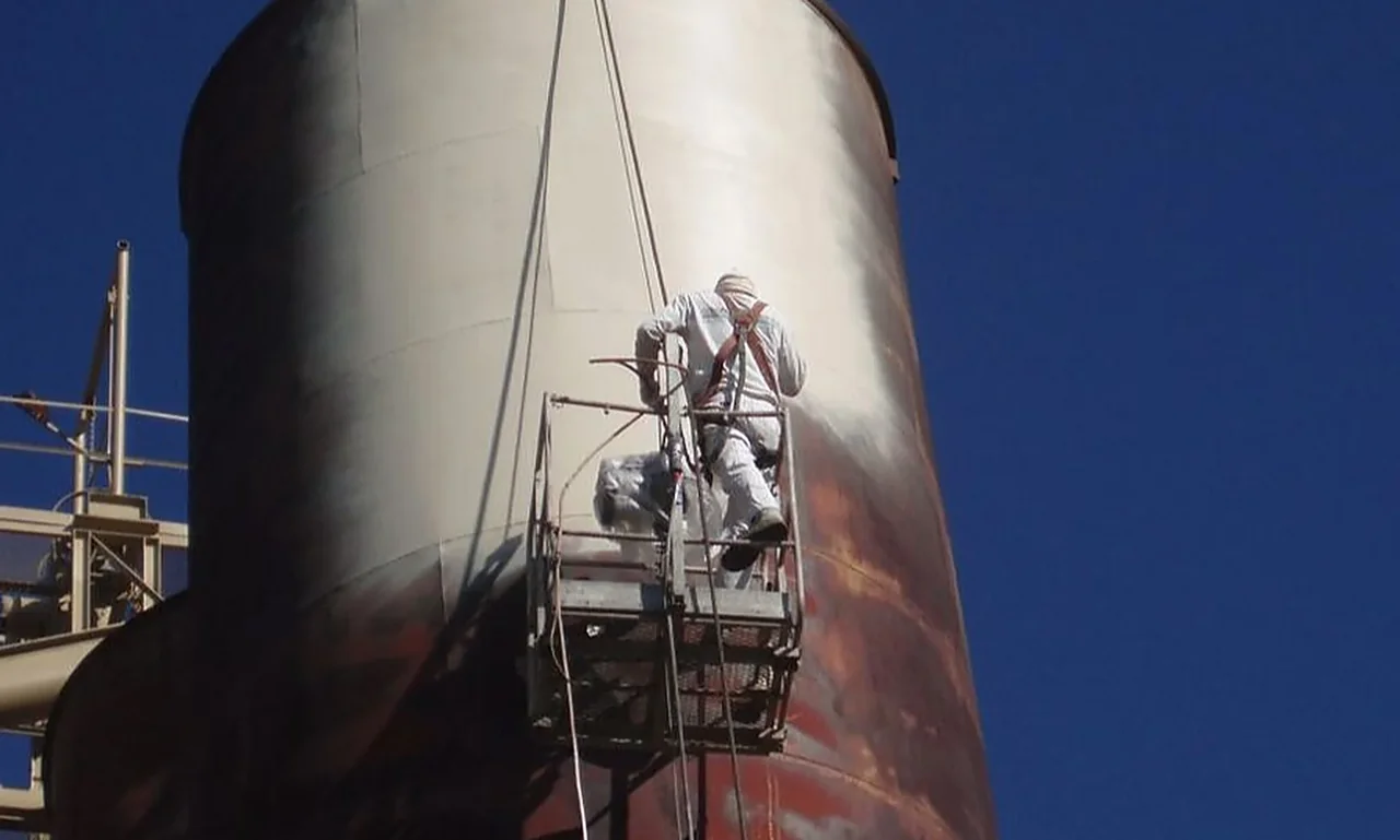Gold Star Painting crew spray-applying protective coating to an industrial steel storage tank from scaffolding