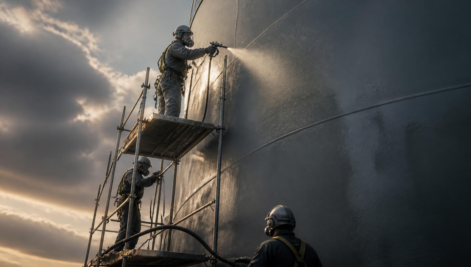 Gold Star Painting crew spray-applying protective coating to an industrial steel storage tank from scaffolding
